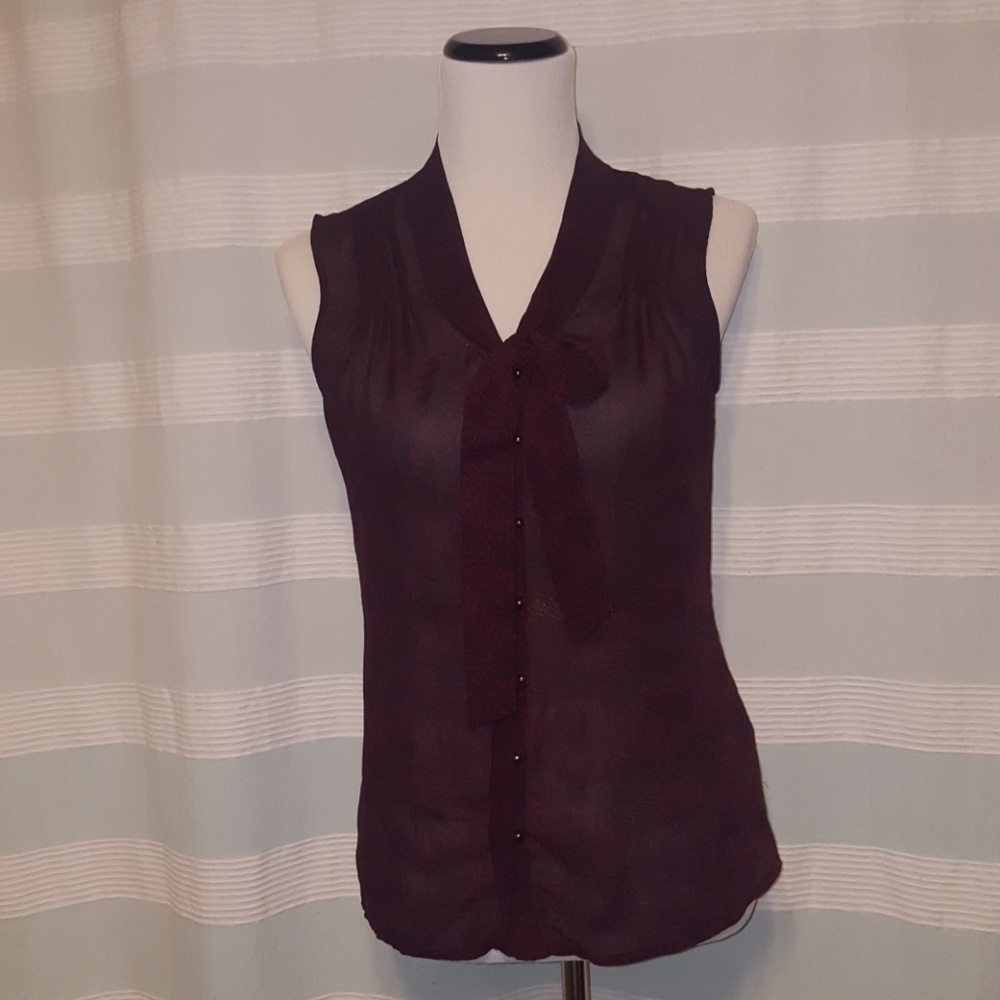 Sheer maroon blouse with bow